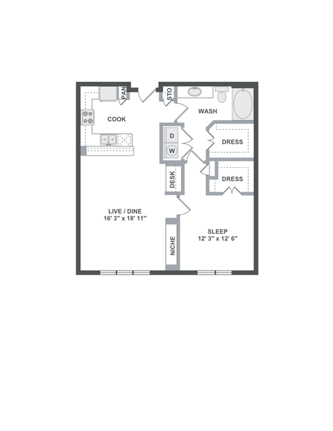 Floor plan for 1 bed, 1 bath, 875 sqft